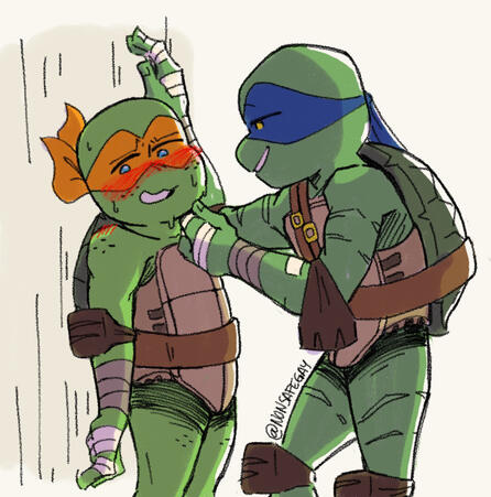 Commission done by Yagi! 2012 Leo has Mikey pinned to the wall, smirking as Mikey is blushing.