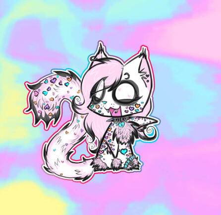 Princess's fursona made by @fursona98-- A tiny little emo looking snowleapard plush with heart leapard print pattern and pink hair and piercings.