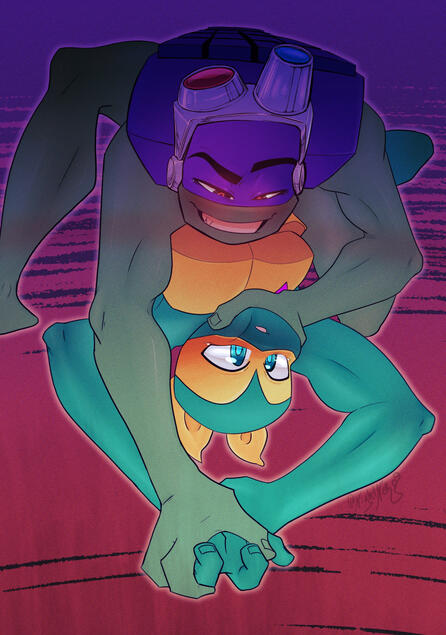 Giveaway prize from NightNeko9! Rise Donnie has poor little Mikey pinned to the floor, looking hungry and evil.