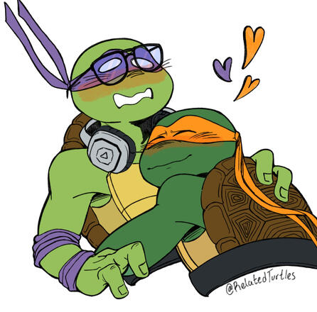 Commission done by Yagi! Mutant Mayhem Mikey is hugging MM Donnie and MM Donnie is flustered as hell.