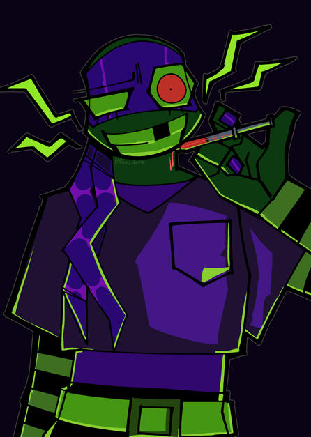 Commission done by FloozDooz! Donnie is stabbing himself with a syringe looking feral and neon and fabulous in his little scene kid clothes.