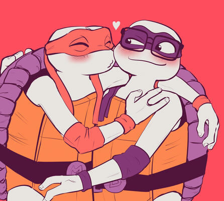 Commission from @rompeprotitos on Twitter! Mutant Mayhem Mikey kissing Mutant Mayhem Donnie on the cheek