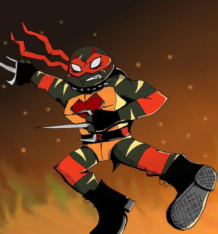 Princess's version of Raph.Done in a comic booky style, he is posed mid-kick in front of some fire.