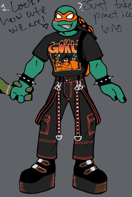 Princess's Art. Mikey is wearing a Hot Topic Goku-themed outfit, rockin' orange and red and holding Donnie's hand.